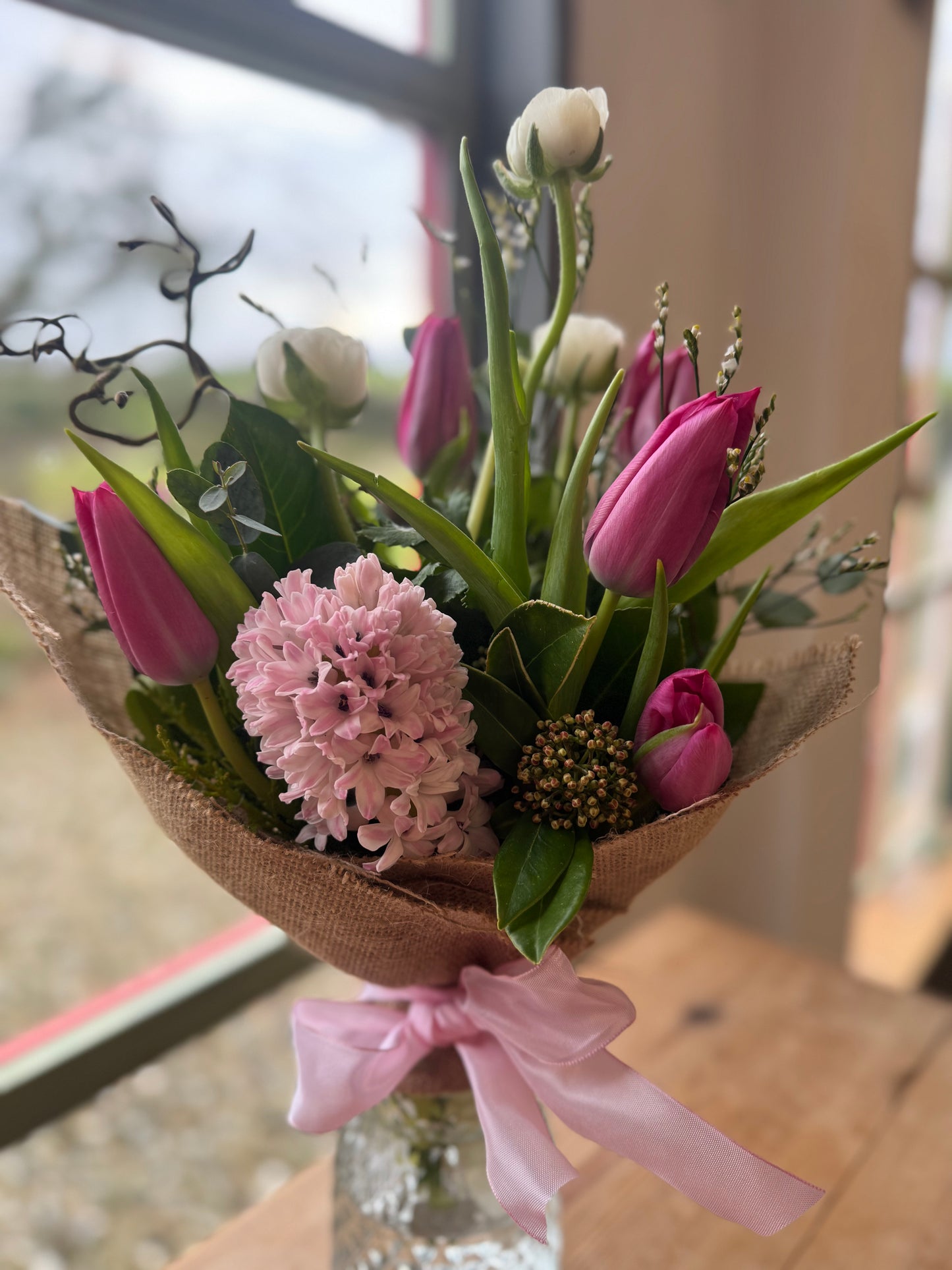 Spring Flower Posy in a Hessian and Ribbon Wrap