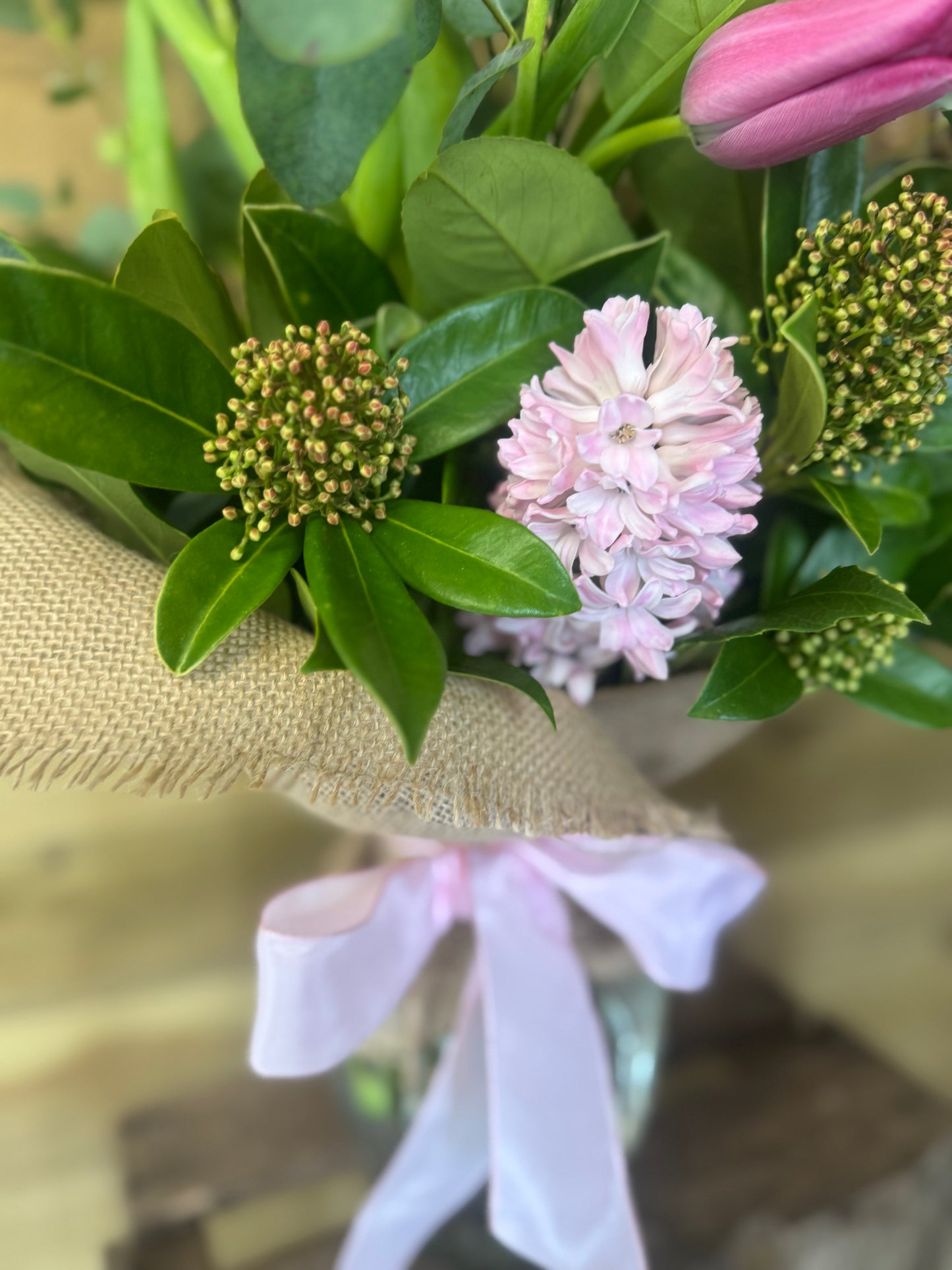 Ready-to-Enjoy Spring Vase Flowers with rustic wrap