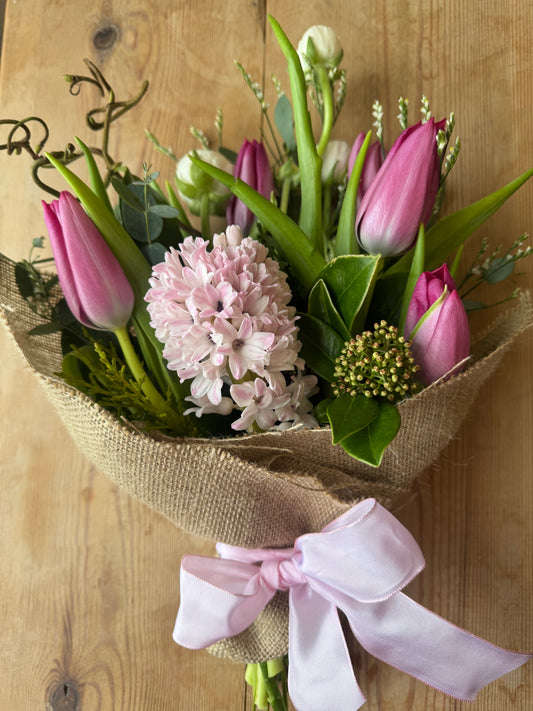 Spring Flower Posy in a Hessian and Ribbon Wrap