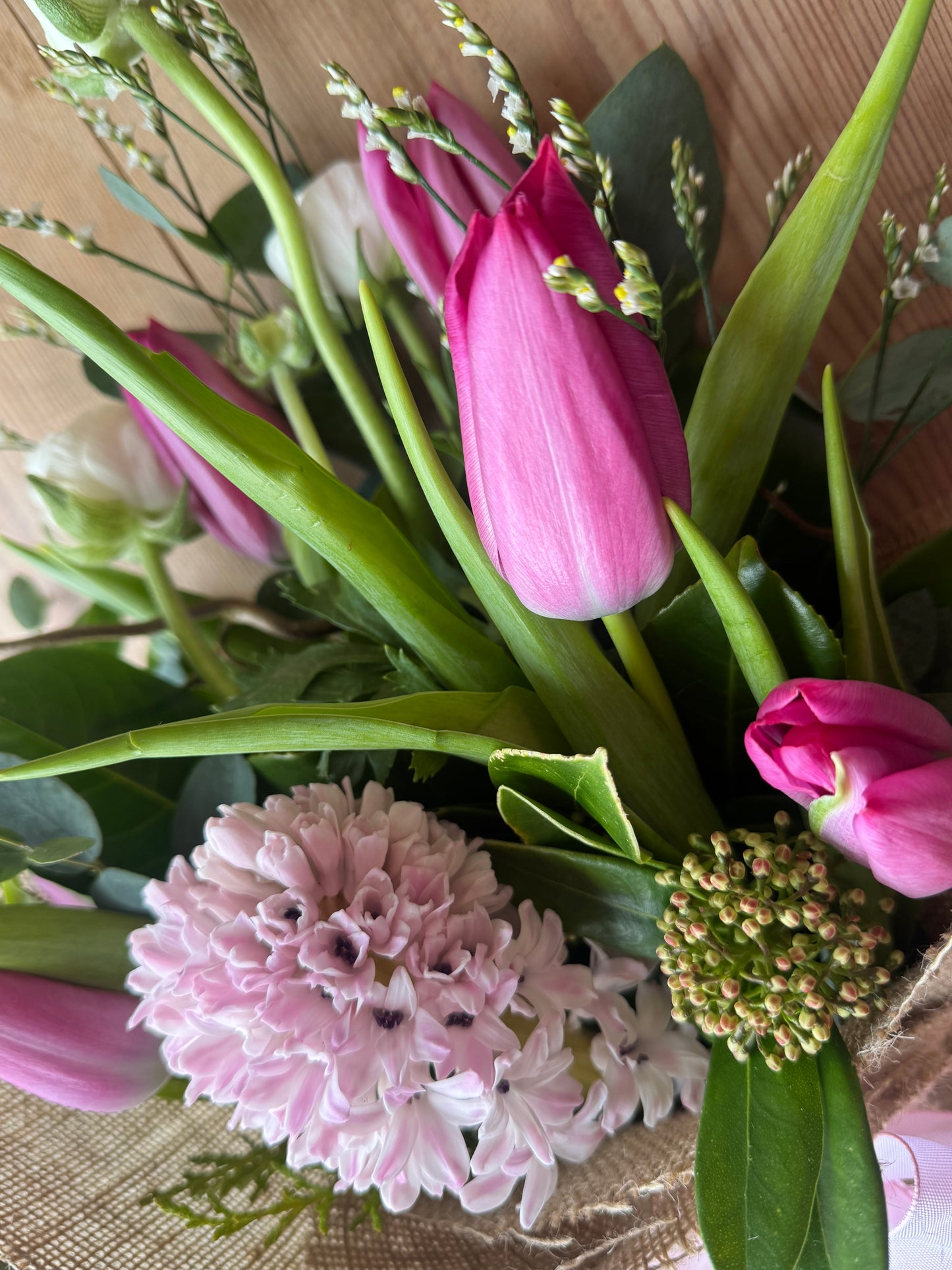 Spring Flower Posy in a Hessian and Ribbon Wrap