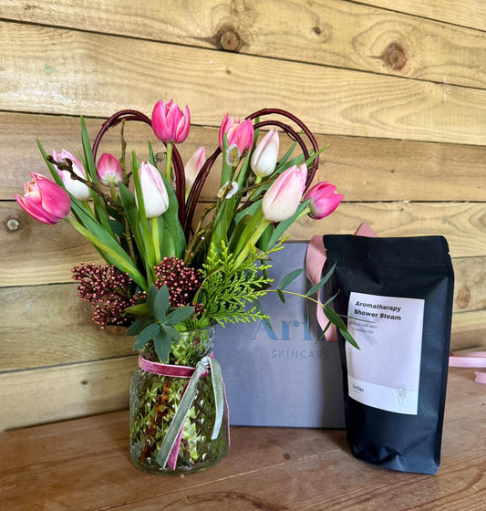 Tulips in a meadow style vase with Artio Shower Steams